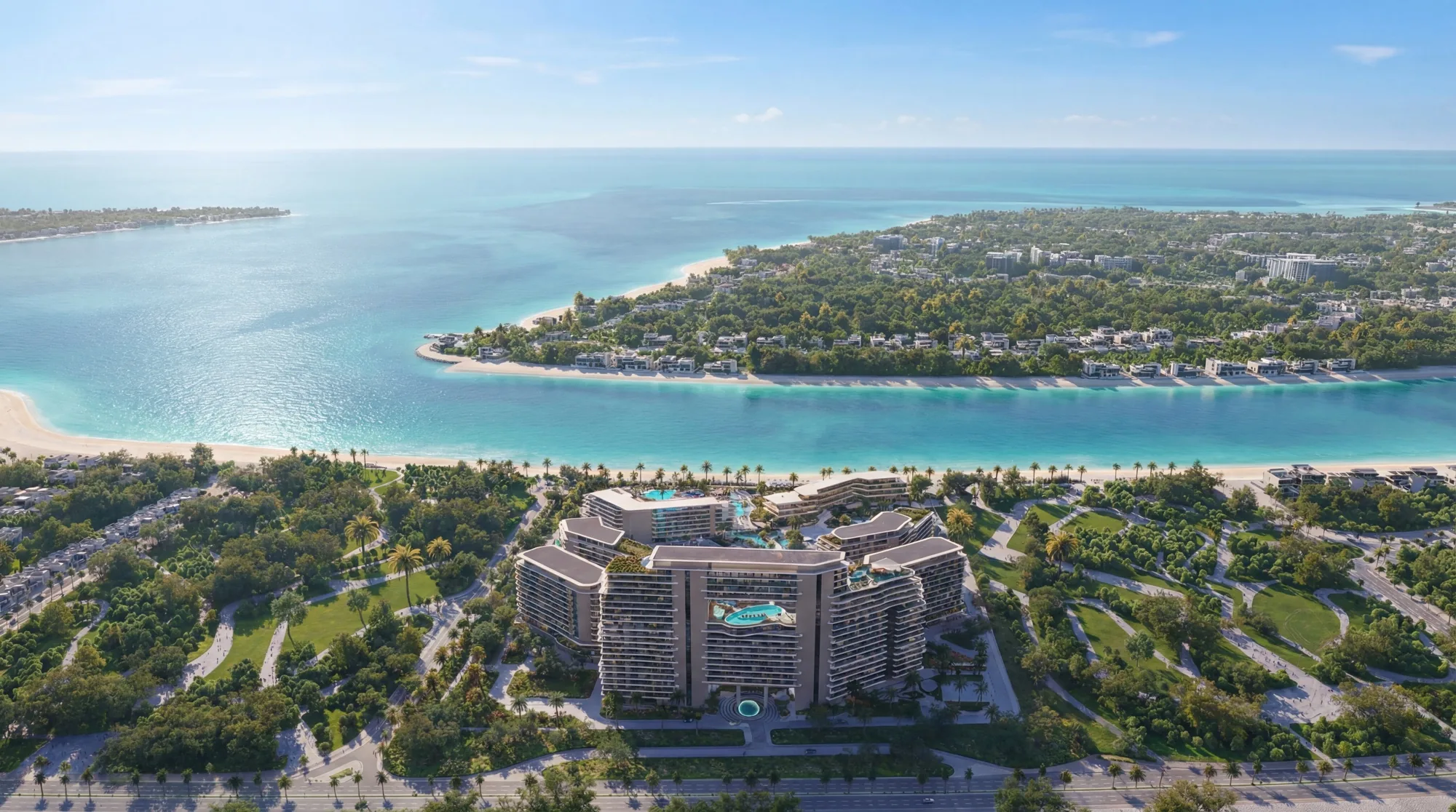 The Meriva Collection · aerial view of the buildings and waterways — developer rendering