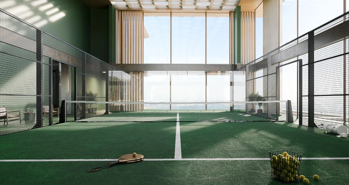 Panoramic sea-view padel court — Omoria developer visual