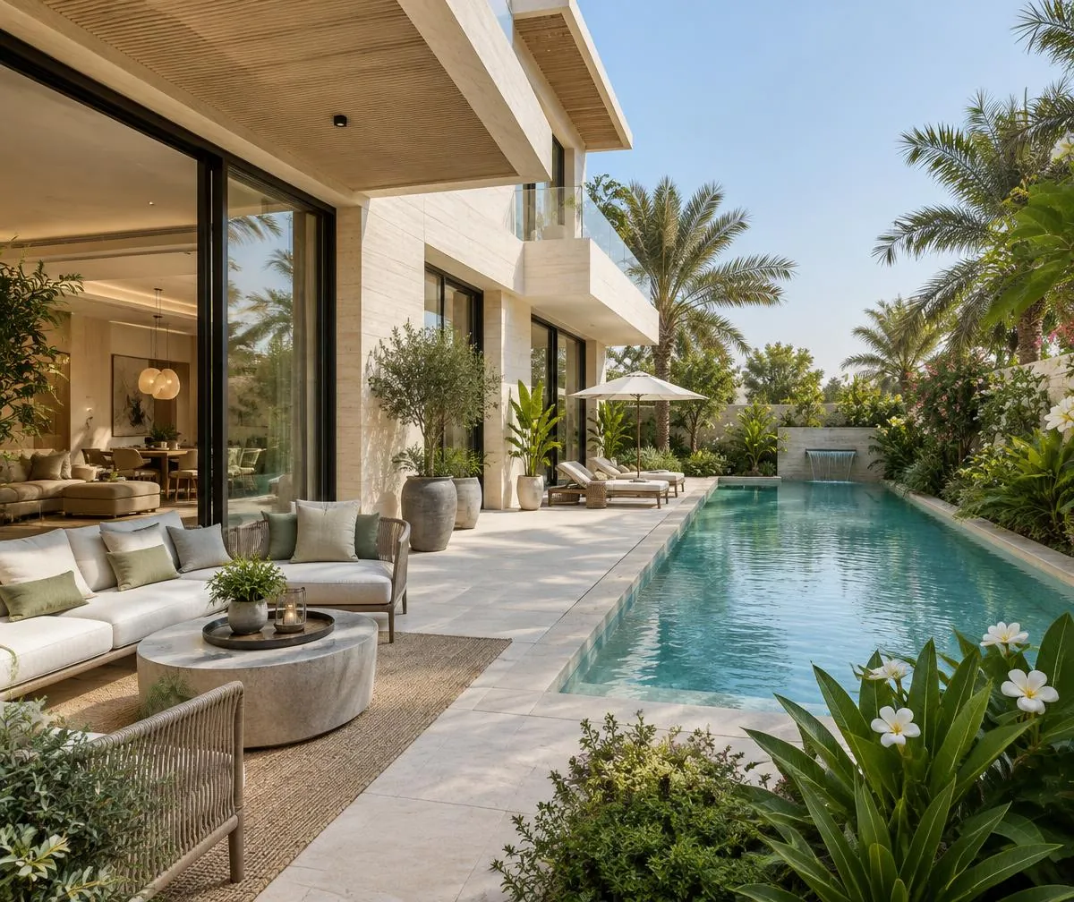 Private garden terrace and swimming pool of a contemporary residence